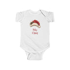 White Baby Claus baby bodysuit with a red Santa hat and holly, front view