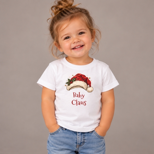Toddler wearing the White Baby Claus Baby T-Shirt with jeans