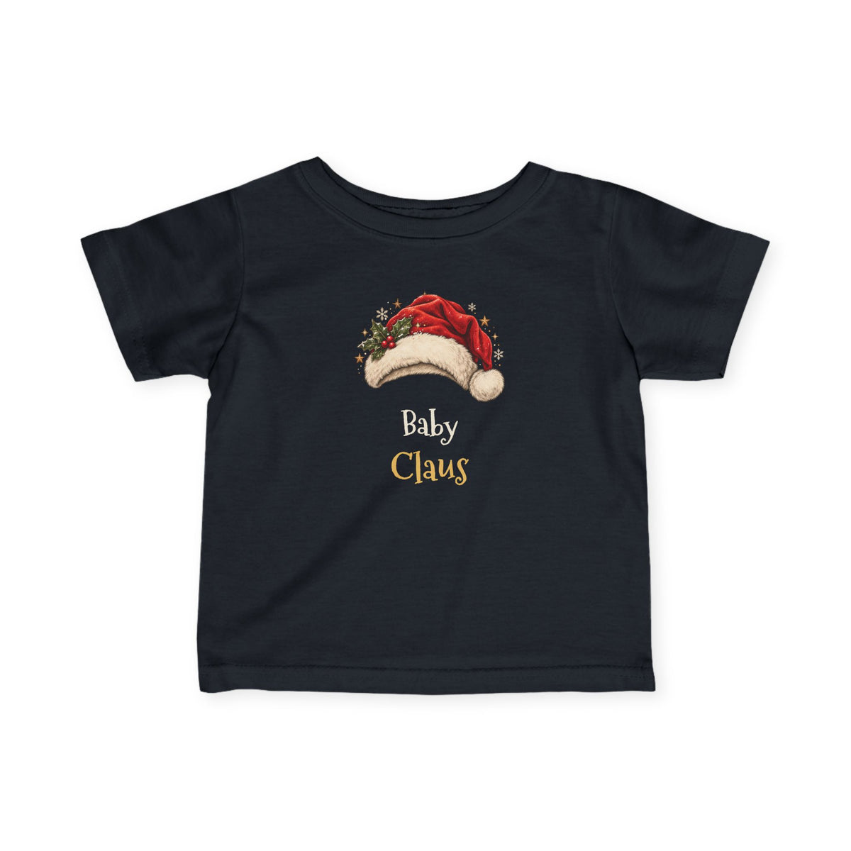 Black Baby Claus baby t-shirt with a red Santa hat and holly, front view