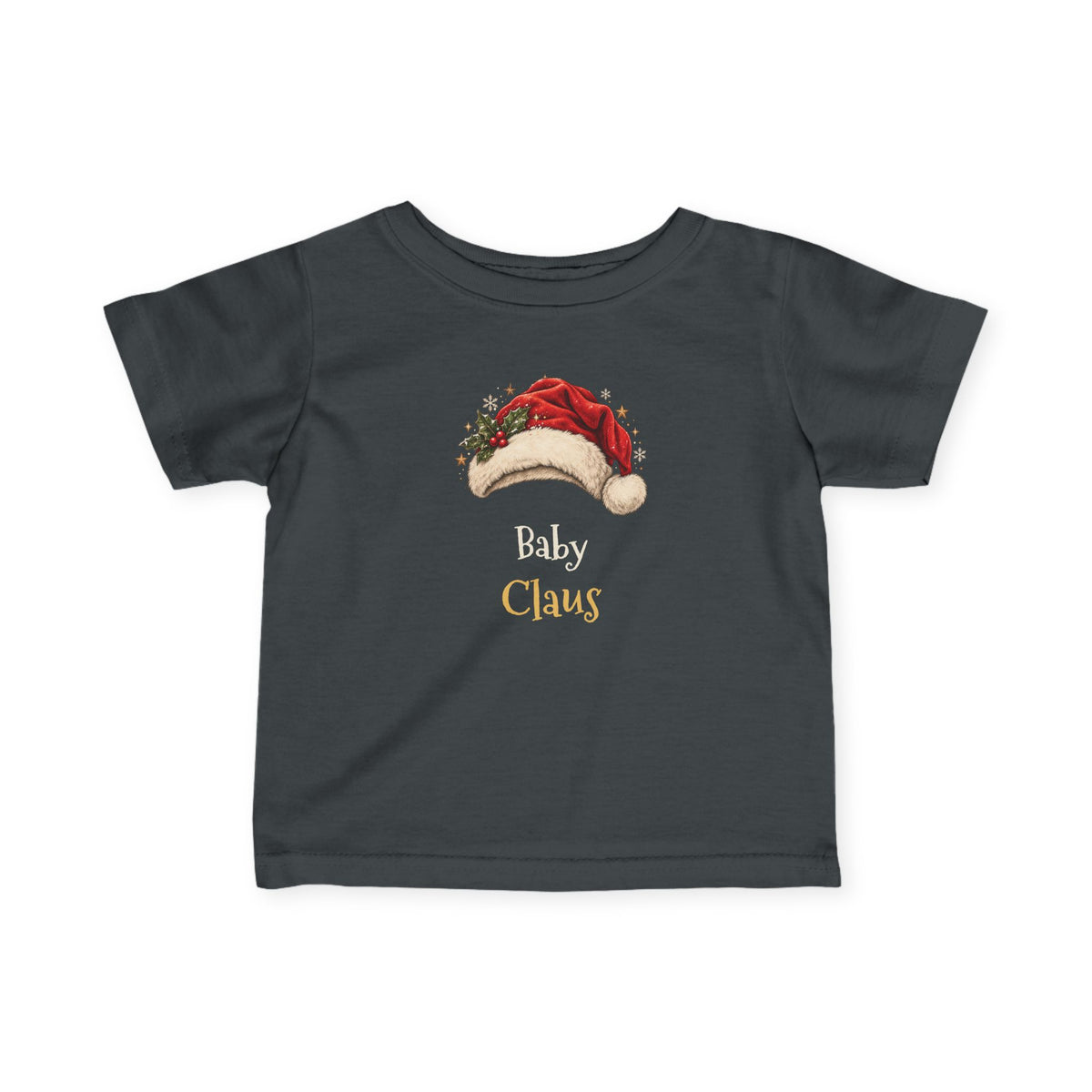 Charcoal Baby Claus baby t-shirt with a red Santa hat and holly, front view