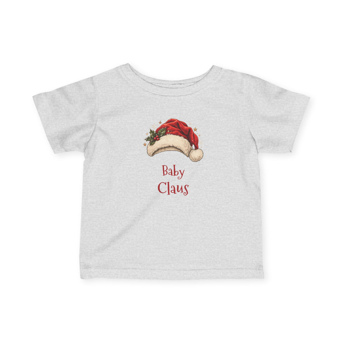 Heather Baby Claus baby t-shirt with a red Santa hat and holly, front view