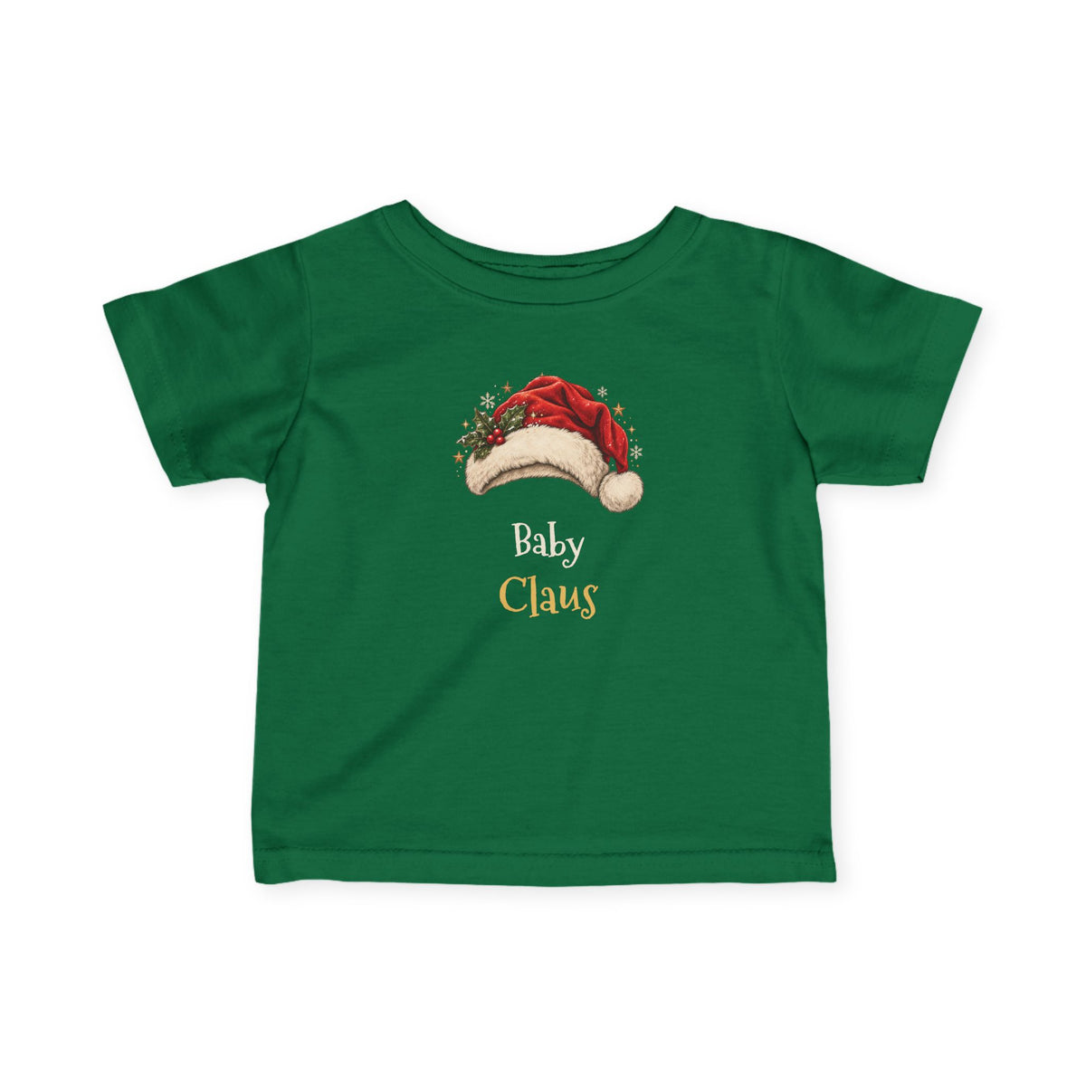 Kelly Baby Claus baby t-shirt with a red Santa hat and holly, front view