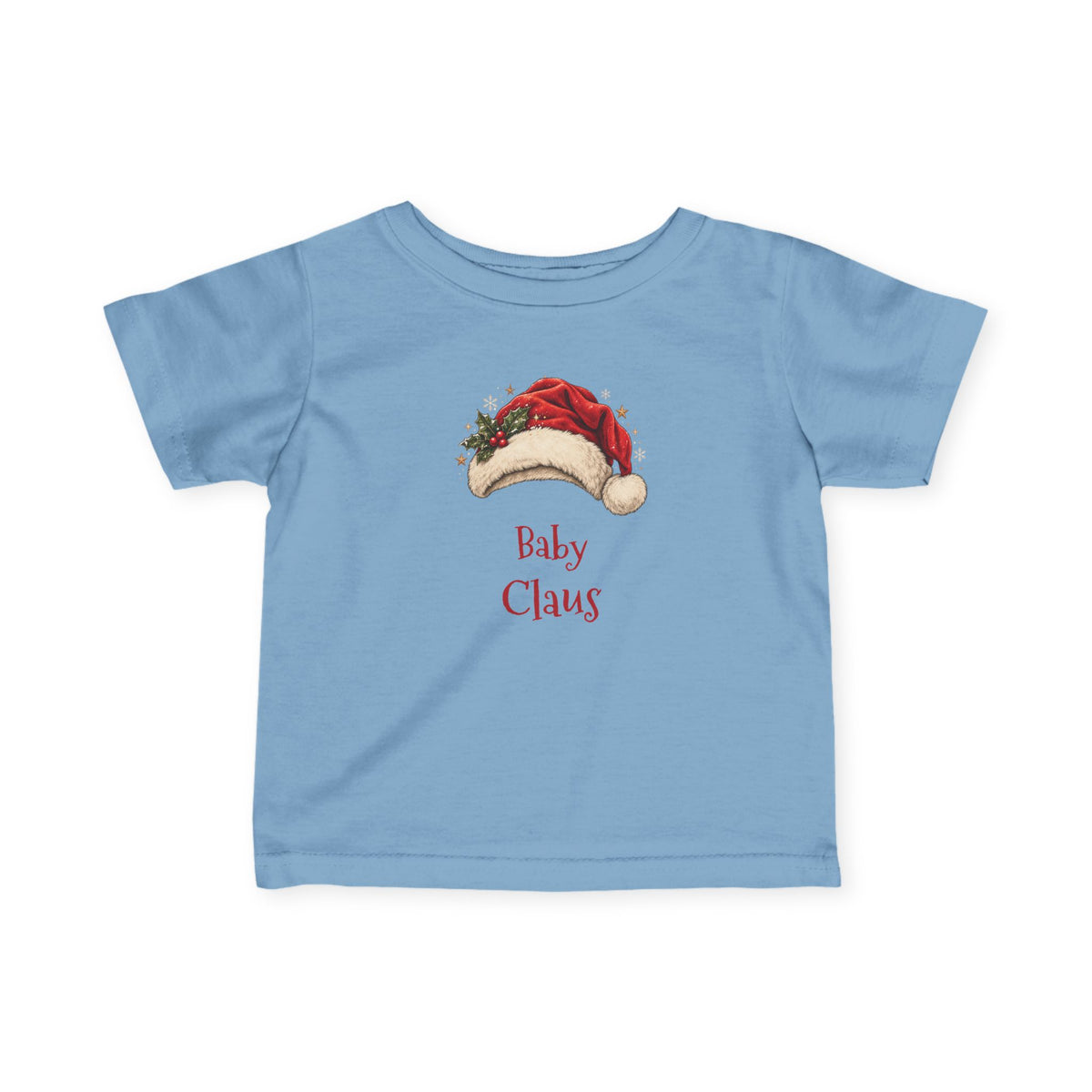 Light Blue Baby Claus baby t-shirt with a red Santa hat and holly, front view