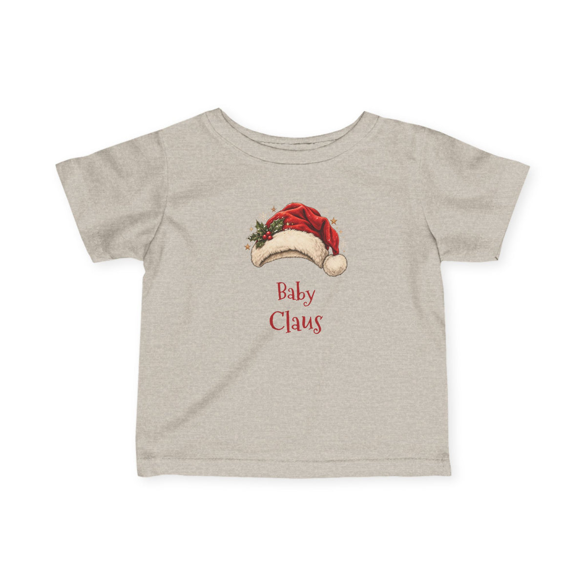 Natural Heather Baby Claus baby t-shirt with a red Santa hat and holly, front view