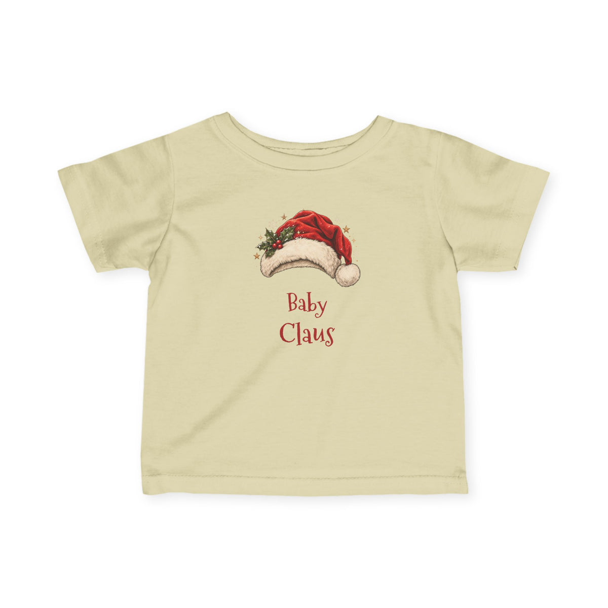 Natural Baby Claus baby t-shirt with a red Santa hat and holly, front view