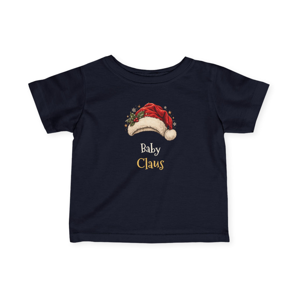 Navy Baby Claus baby t-shirt with a red Santa hat and holly, front view