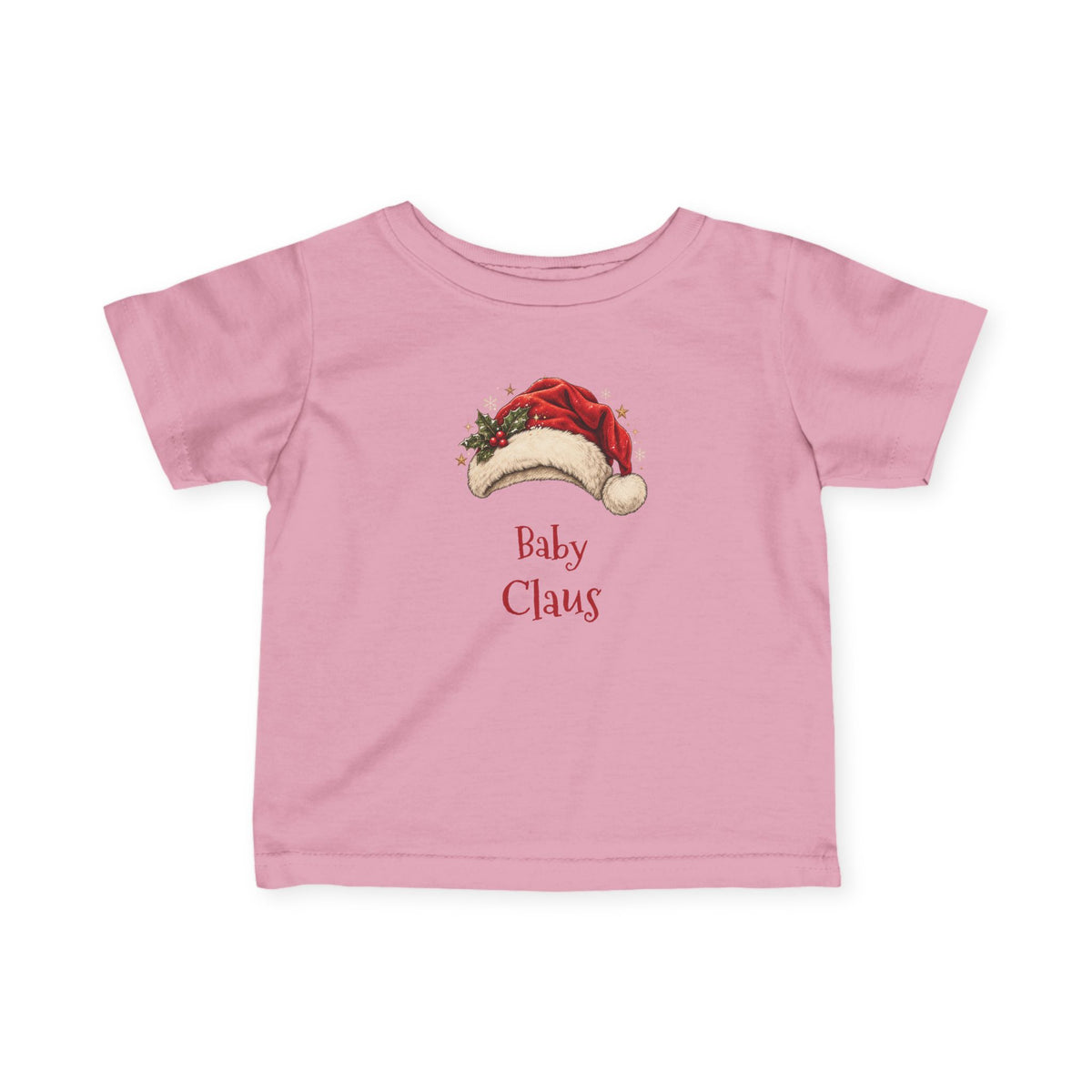 Pink Baby Claus baby t-shirt with a red Santa hat and holly, front view