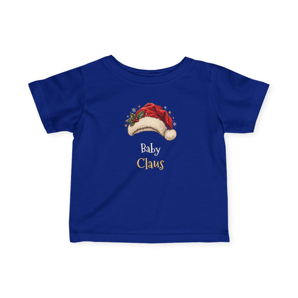 Royal Baby Claus baby t-shirt with a red Santa hat and holly, front view