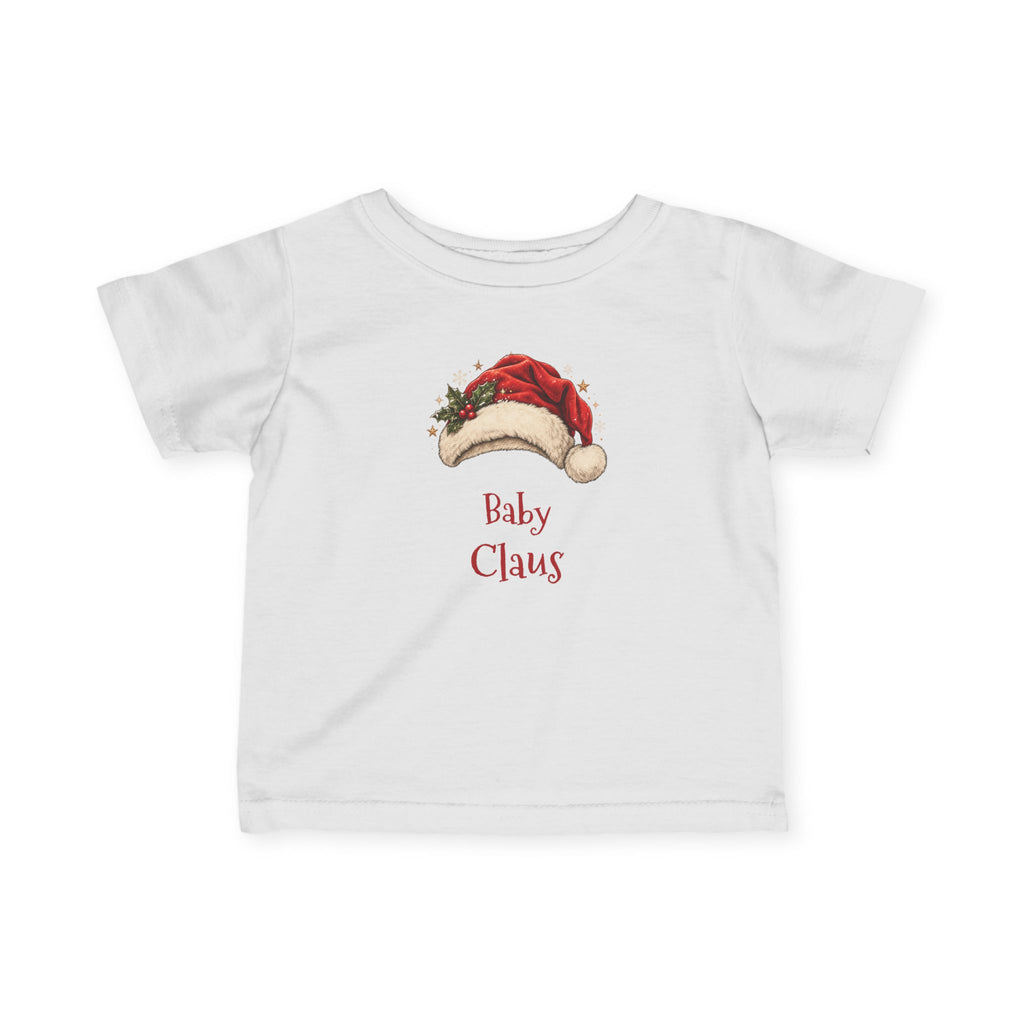 White Baby Claus baby t-shirt with a red Santa hat and holly, front view
