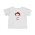 White Baby Claus baby t-shirt with a red Santa hat and holly, front view