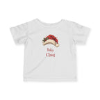 White Baby Claus baby t-shirt with a red Santa hat and holly, front view