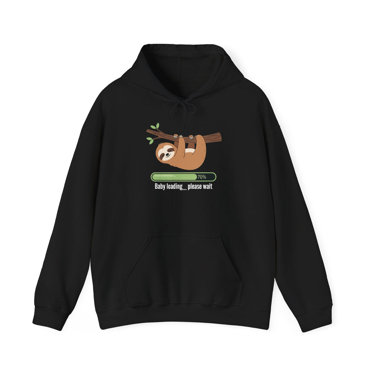 Black Baby Loading Please Wait sloth hoodie, front view