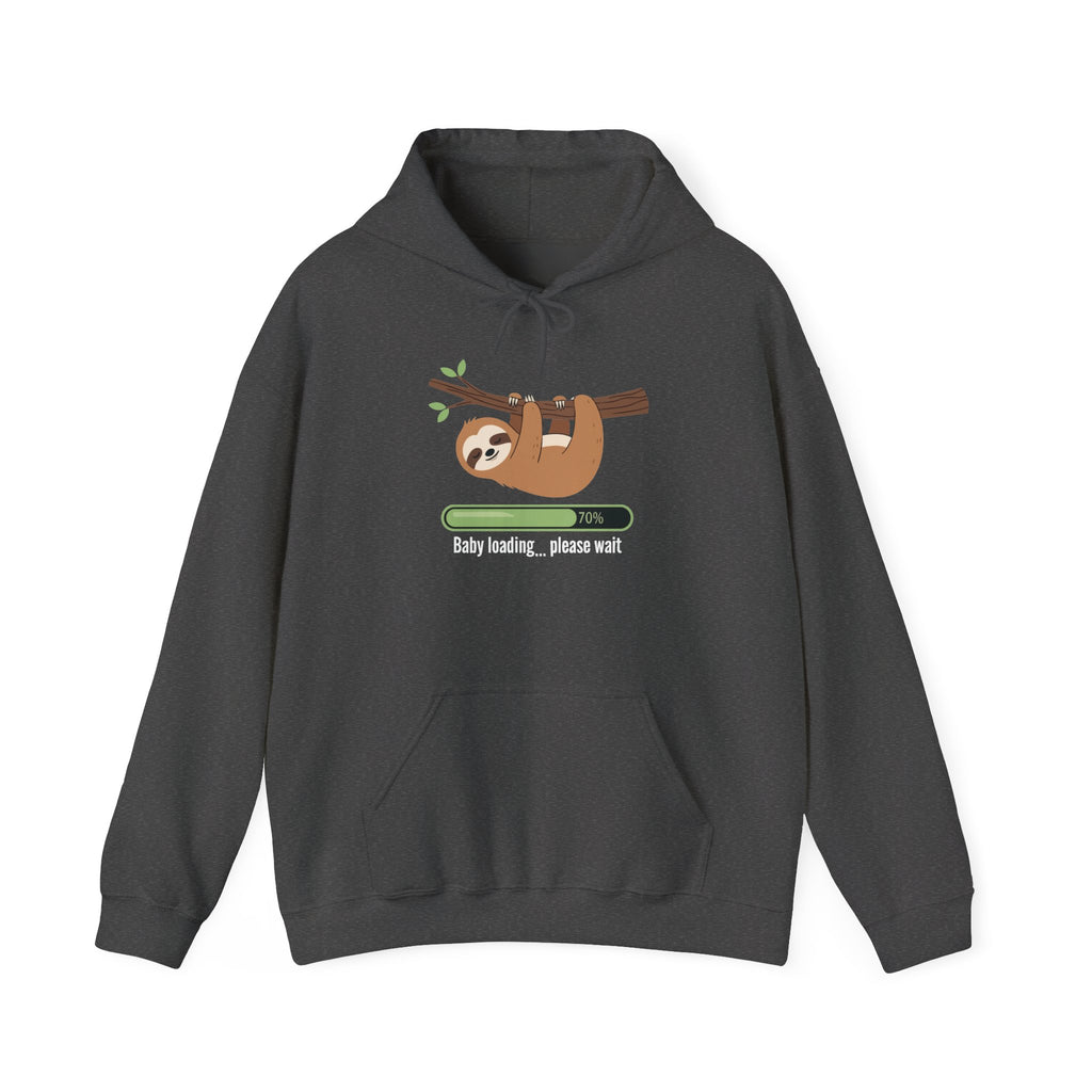 Dark Heather Baby Loading Please Wait sloth hoodie, front view