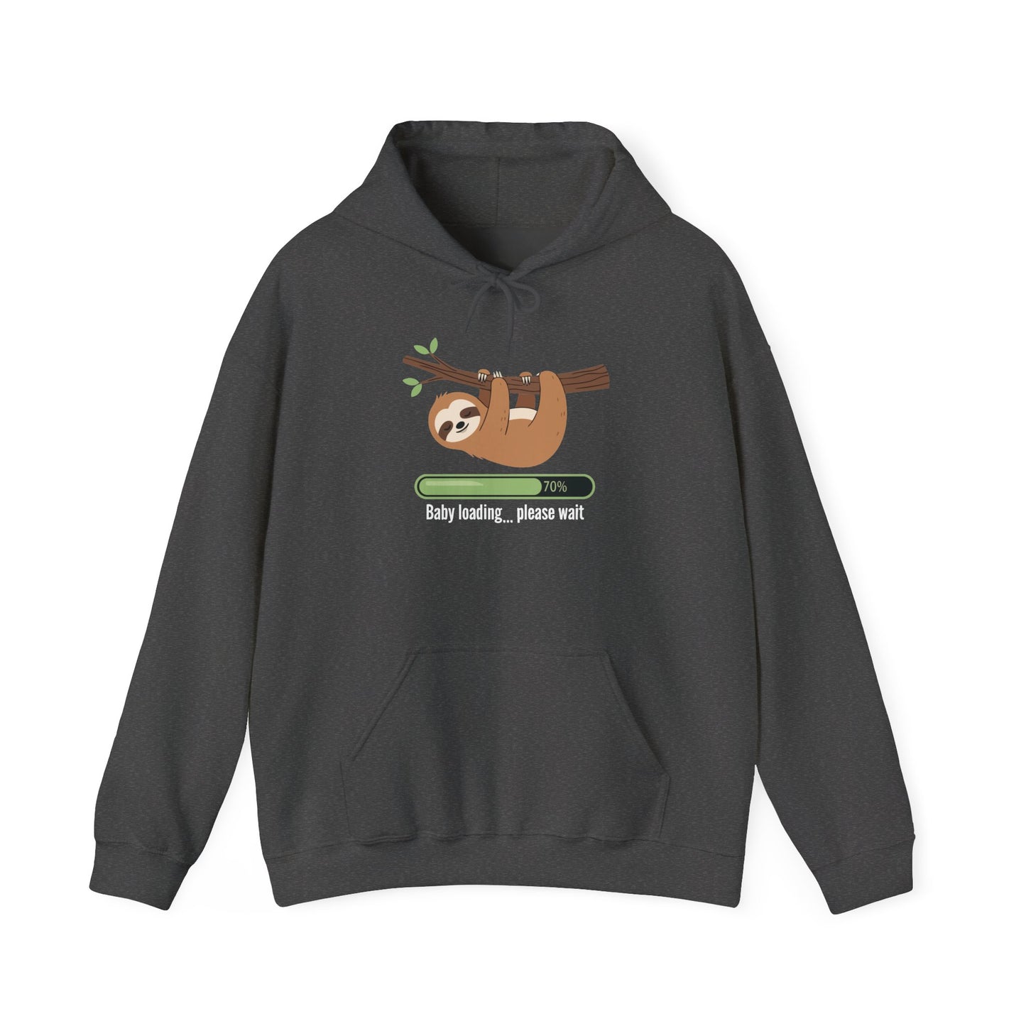 Dark heather Baby Loading Please Wait sloth hoodie with sleeping sloth and loading bar