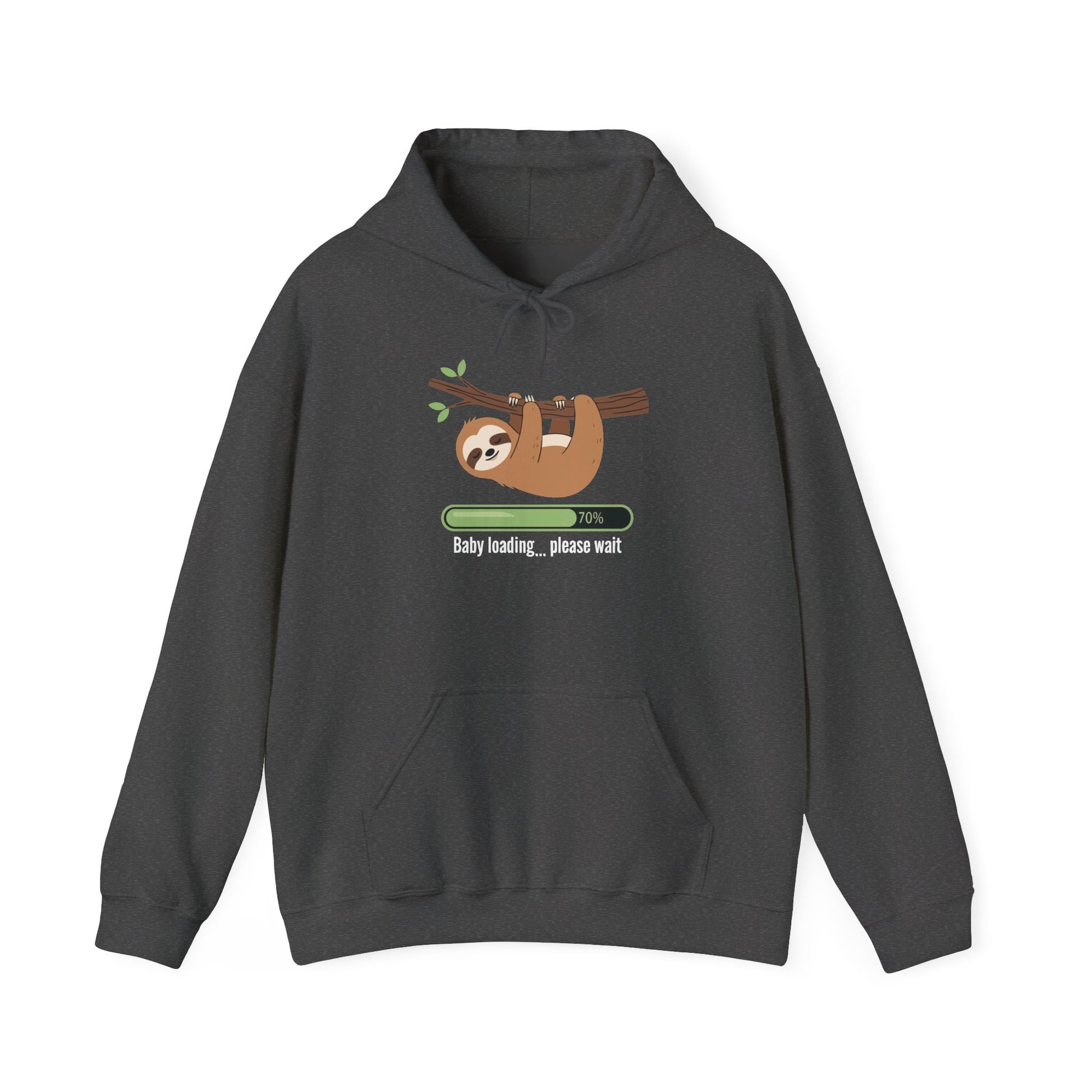 Dark heather Baby Loading Please Wait sloth hoodie with sleeping sloth and loading bar