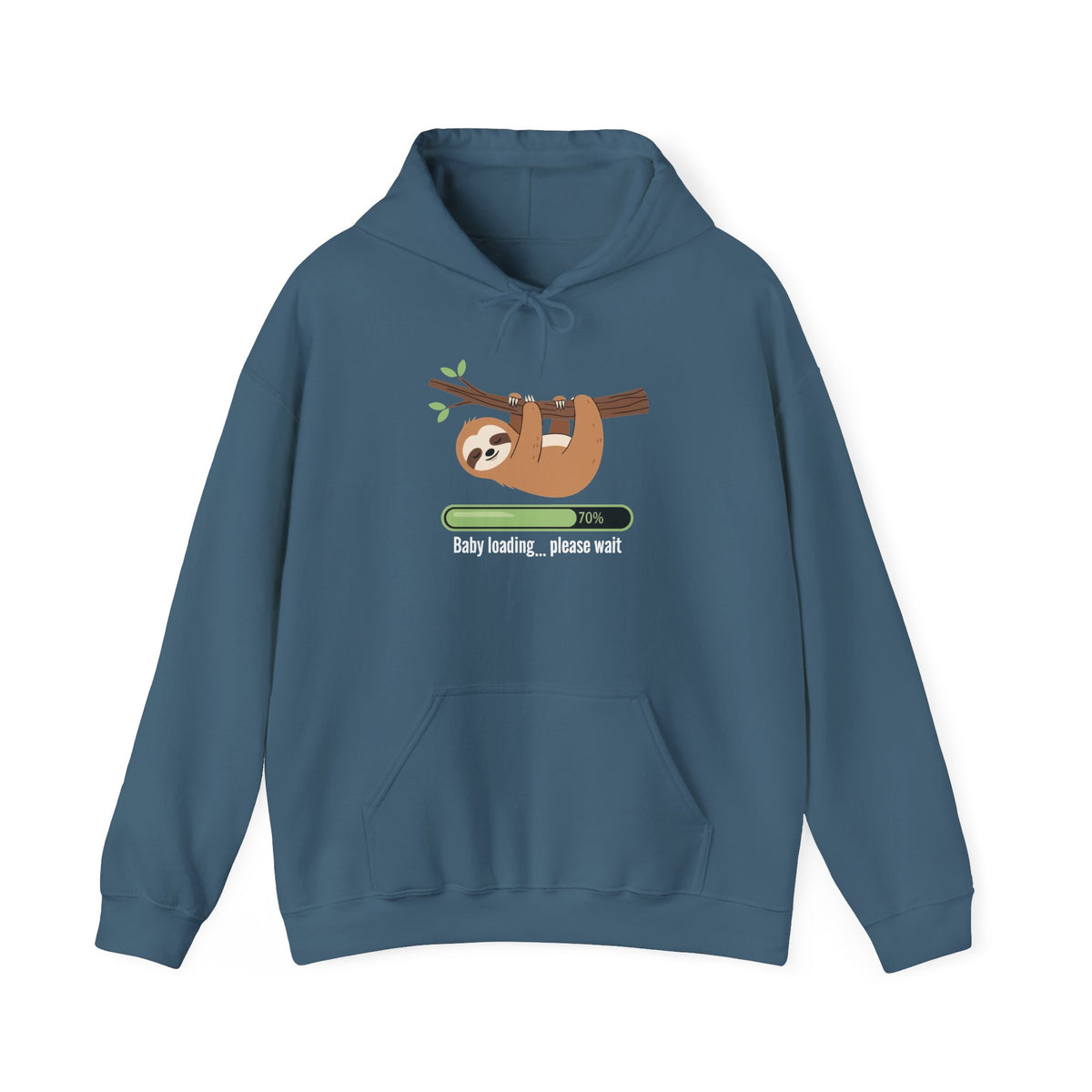 Indigo blue Baby Loading Please Wait sloth hoodie with sleeping sloth and loading bar