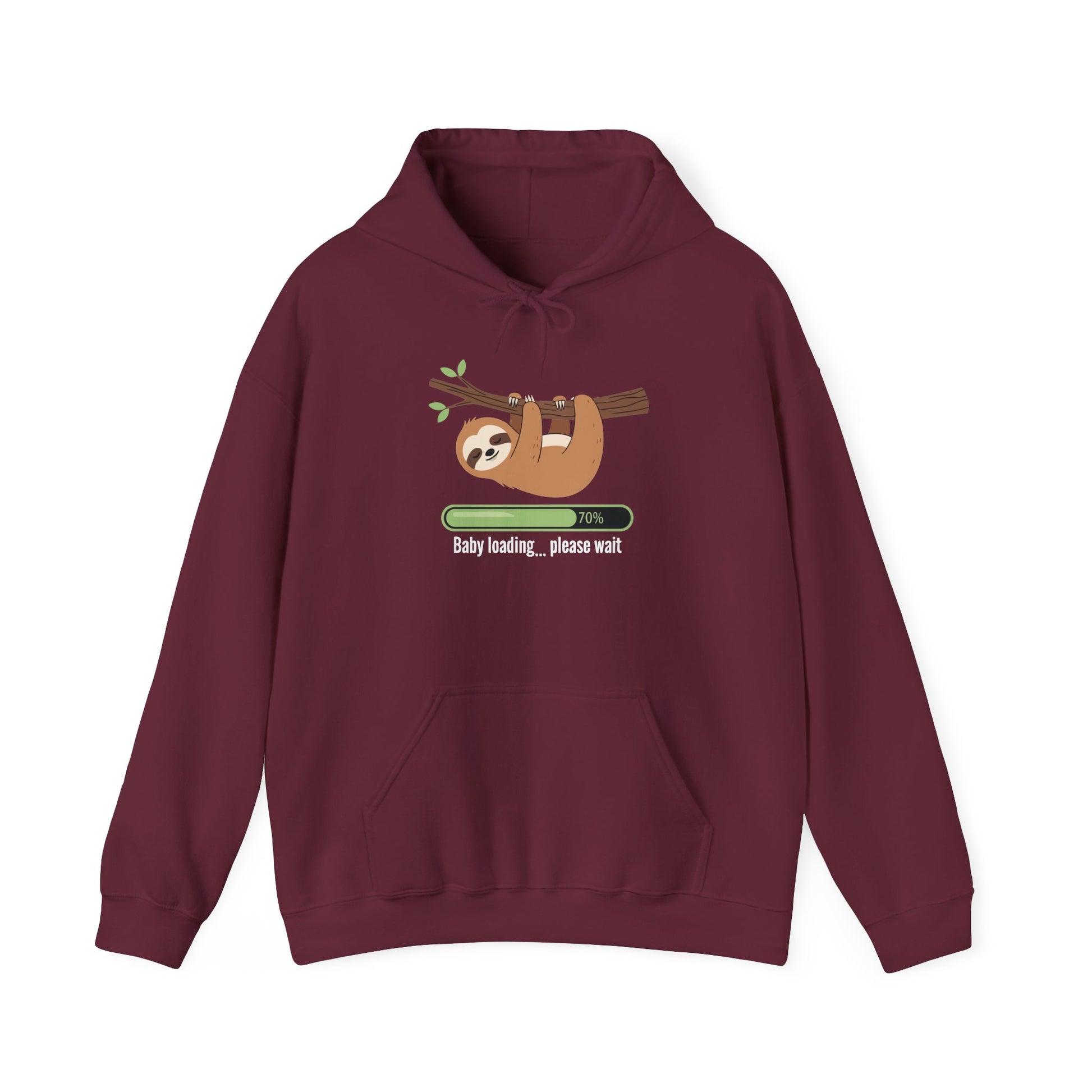 Maroon Baby Loading Please Wait sloth hoodie with sleeping sloth and loading bar