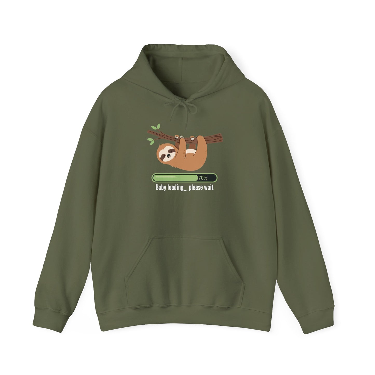 Military green Baby Loading Please Wait sloth hoodie with sleeping sloth and loading bar