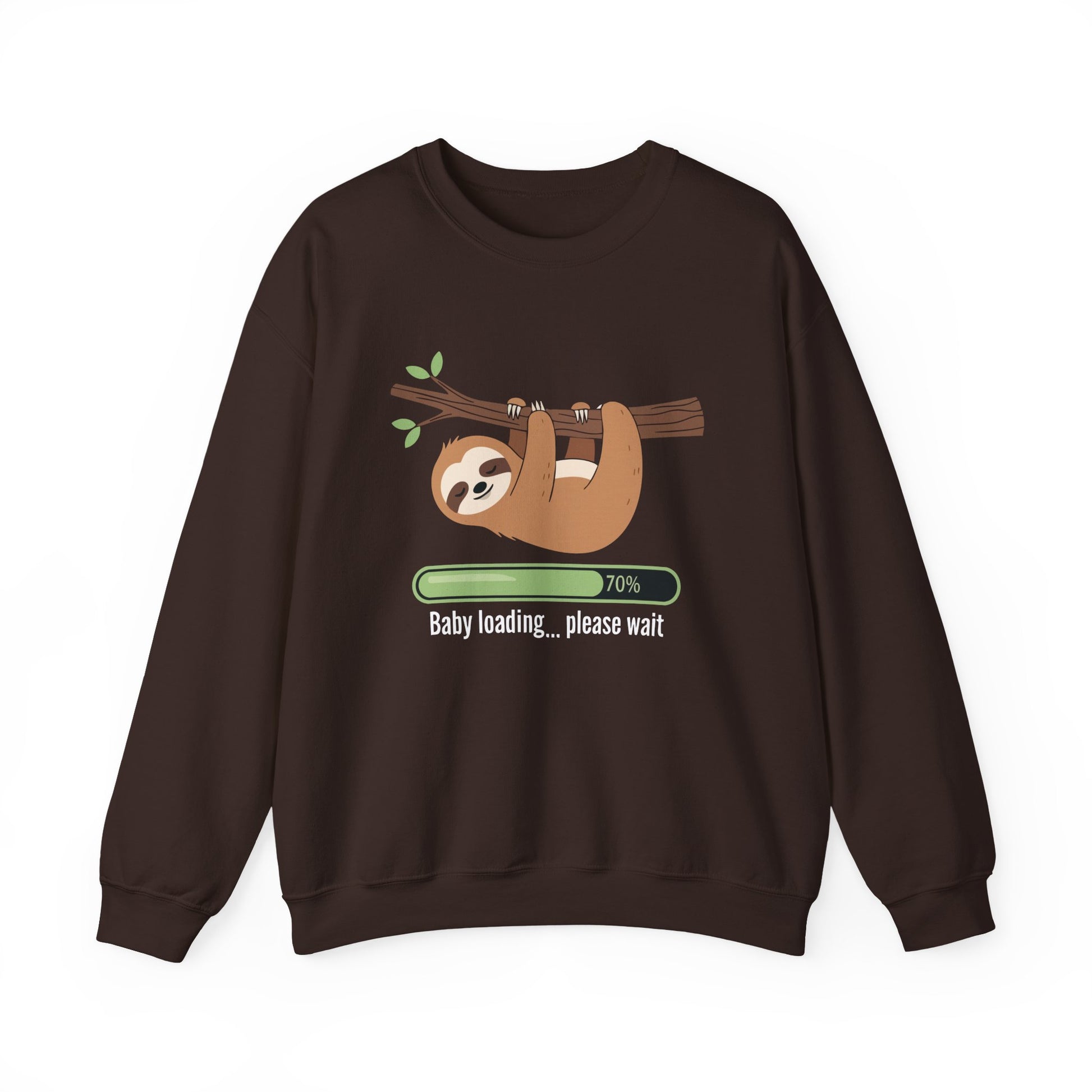 Dark chocolate Baby Loading Please Wait sloth sweatshirt with sleeping sloth and loading bar