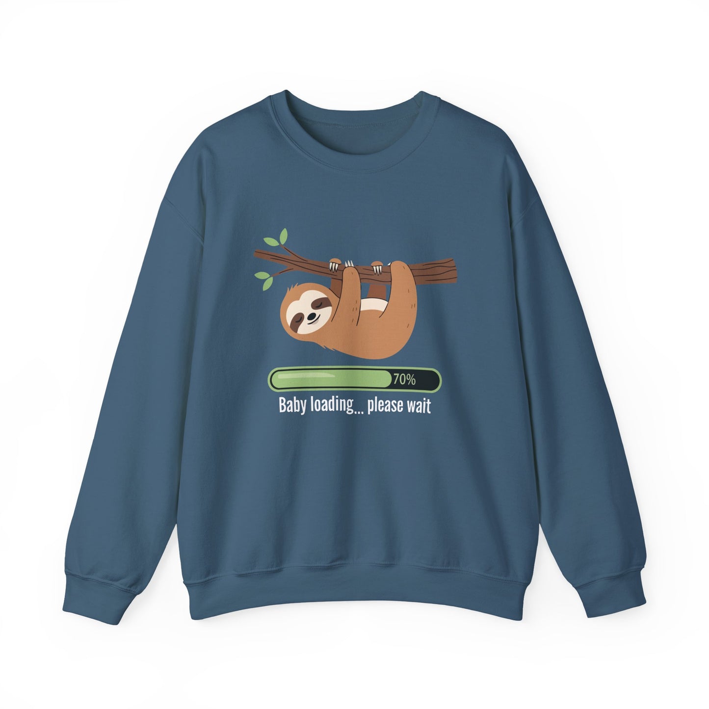 Indigo blue Baby Loading Please Wait sloth sweatshirt with sleeping sloth and loading bar