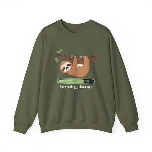 Military green Baby Loading Please Wait sloth sweatshirt with sleeping sloth and loading bar