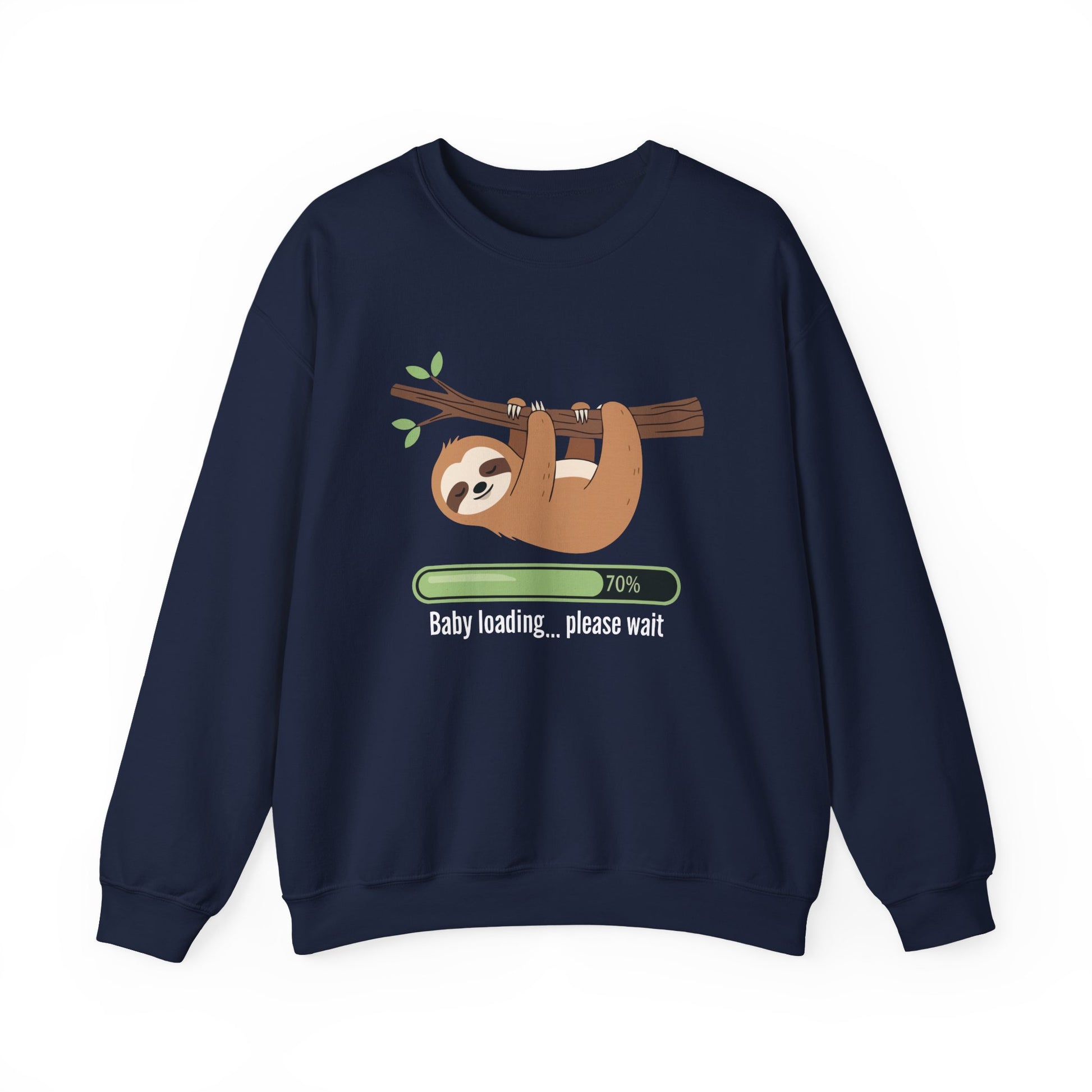Navy Baby Loading Please Wait sloth sweatshirt with sleeping sloth and loading bar