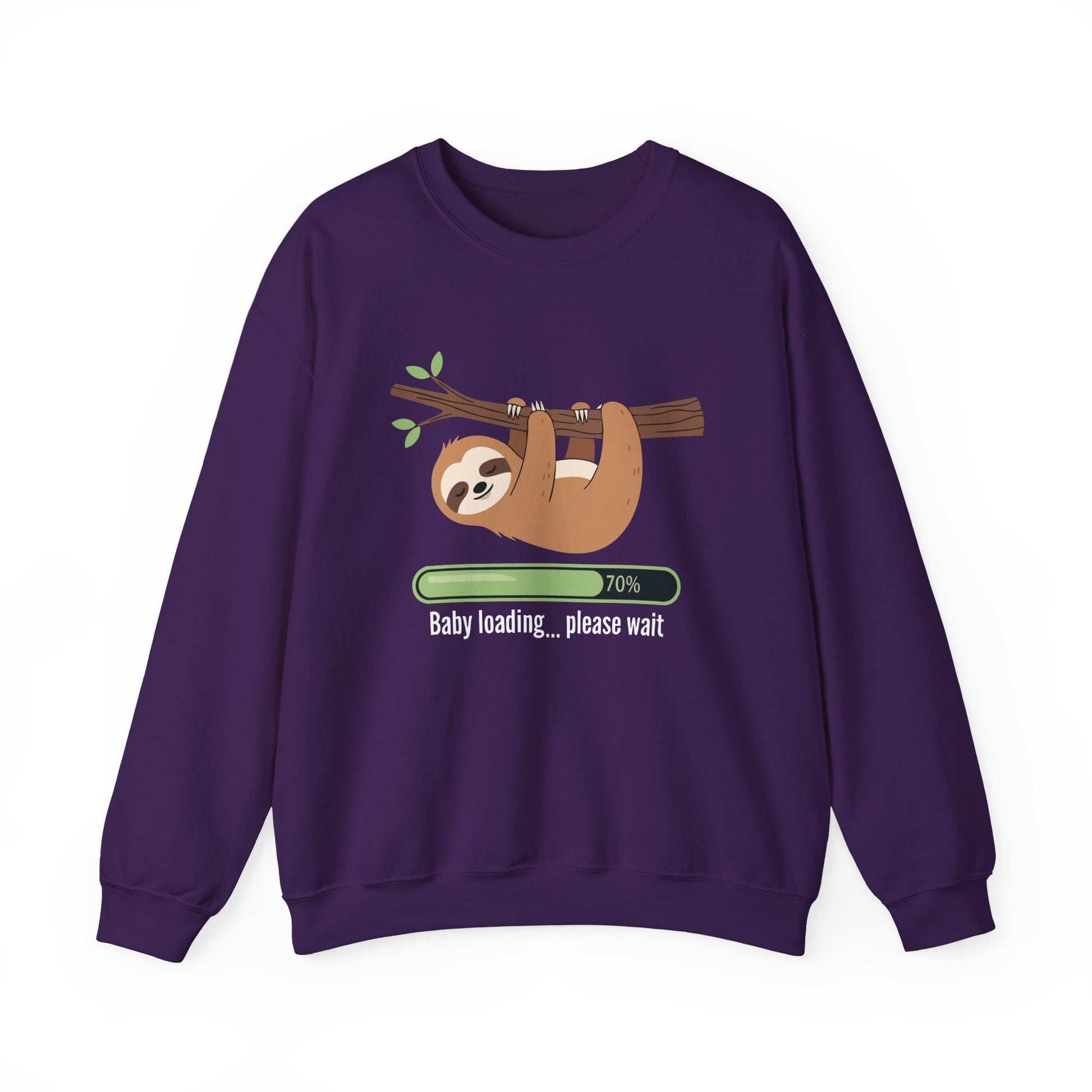 Purple Baby Loading Please Wait sloth sweatshirt with sleeping sloth and loading bar