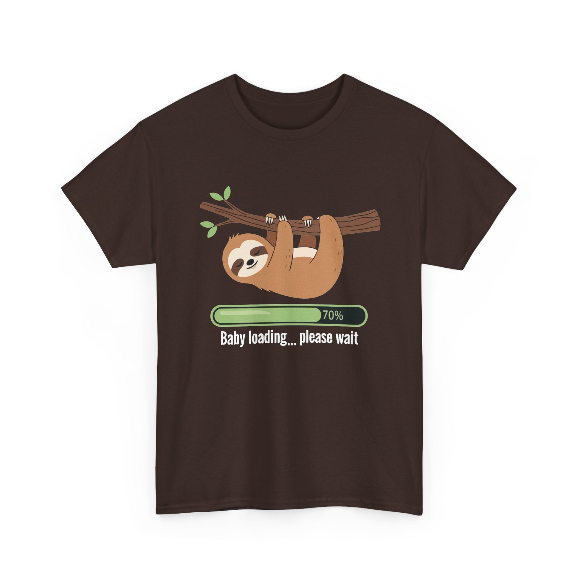 Dark chocolate Baby Loading Please Wait sloth t-shirt with sleeping sloth and loading bar