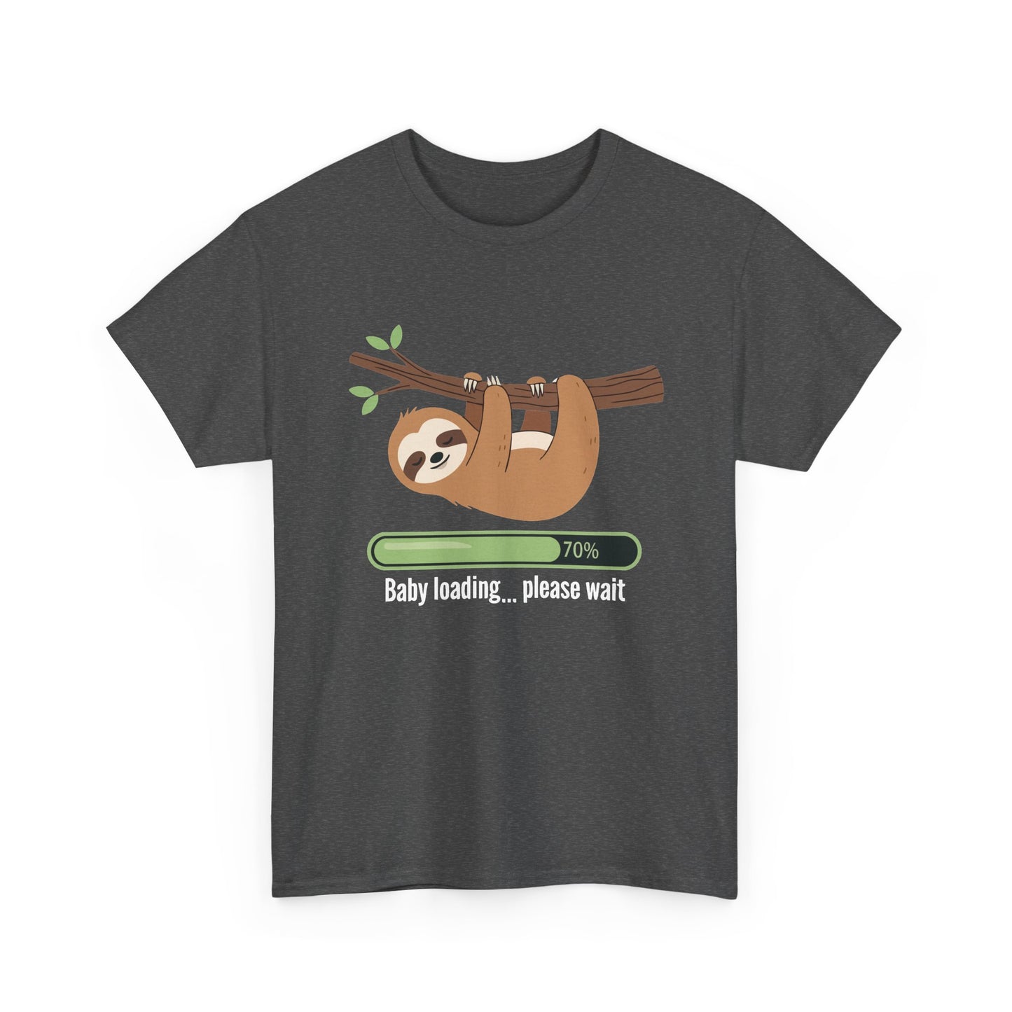 Dark heather Baby Loading Please Wait sloth t-shirt with sleeping sloth and loading bar