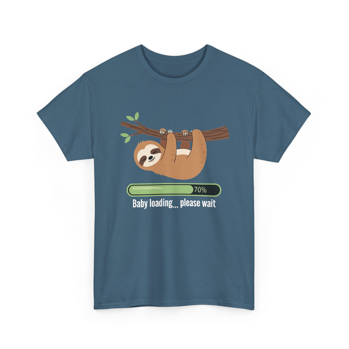 Indigo blue Baby Loading Please Wait sloth t-shirt with sleeping sloth and loading bar