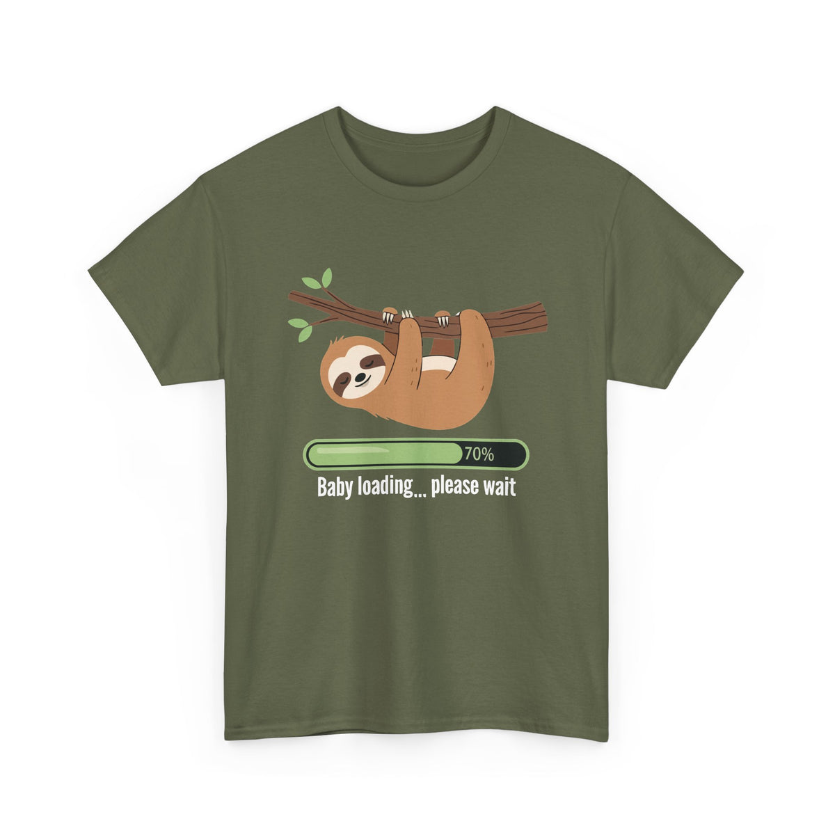 Military green Baby Loading Please Wait sloth t-shirt with sleeping sloth and loading bar