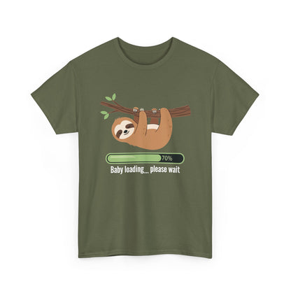 Military green Baby Loading Please Wait sloth t-shirt with sleeping sloth and loading bar
