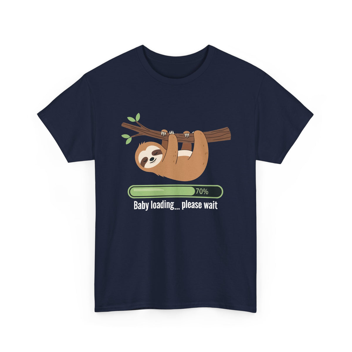 Navy Baby Loading Please Wait sloth t-shirt with sleeping sloth and loading bar