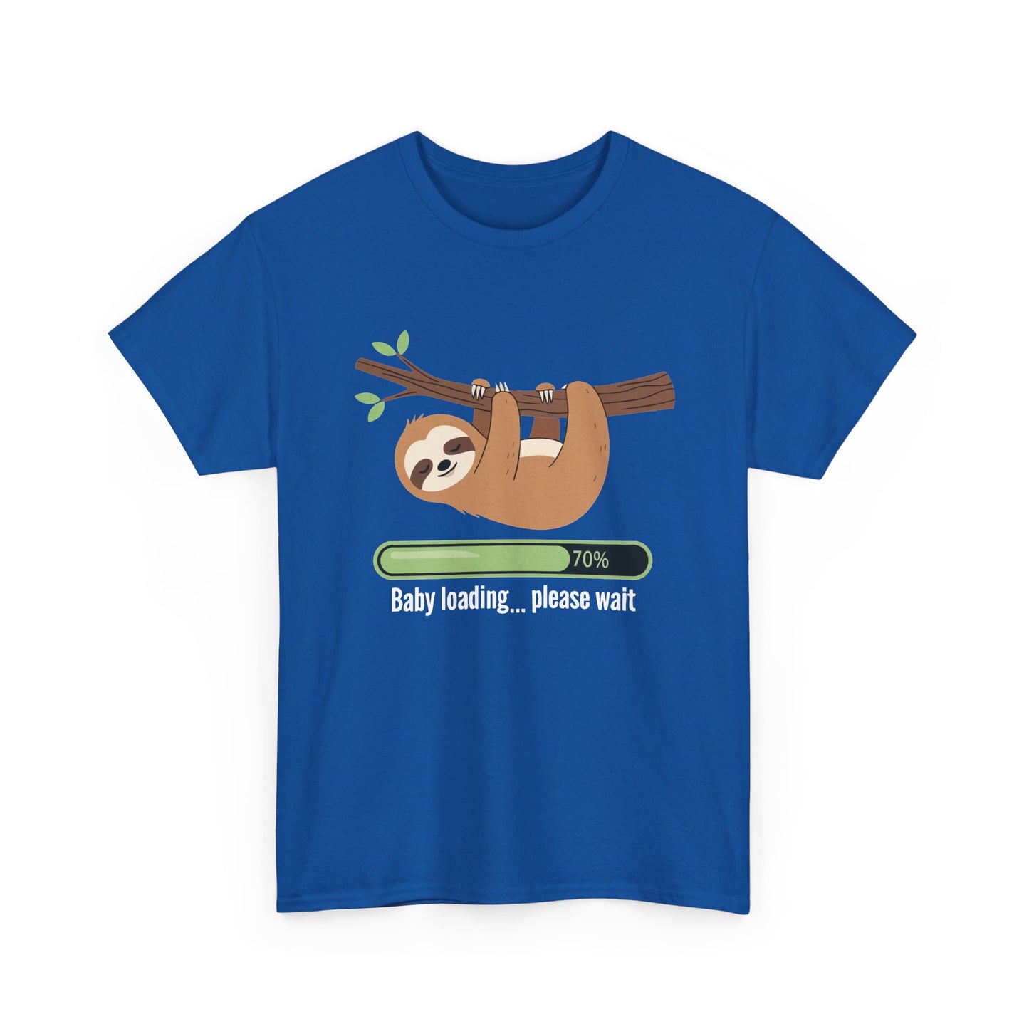 Royal blue Baby Loading Please Wait sloth t-shirt with sleeping sloth and loading bar