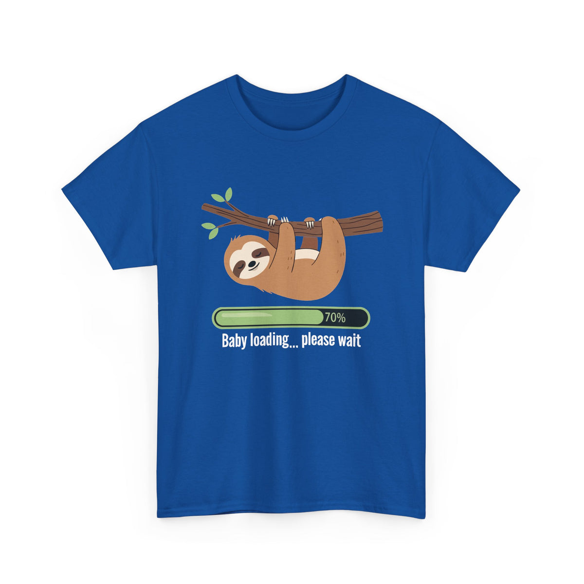 Royal blue Baby Loading Please Wait sloth t-shirt with sleeping sloth and loading bar