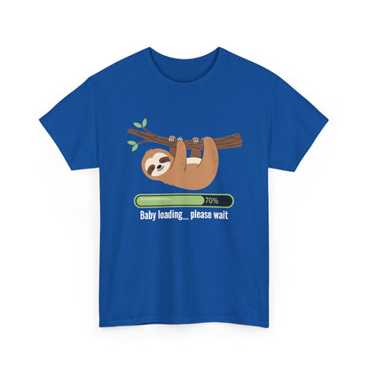 Royal blue Baby Loading Please Wait sloth t-shirt with sleeping sloth and loading bar