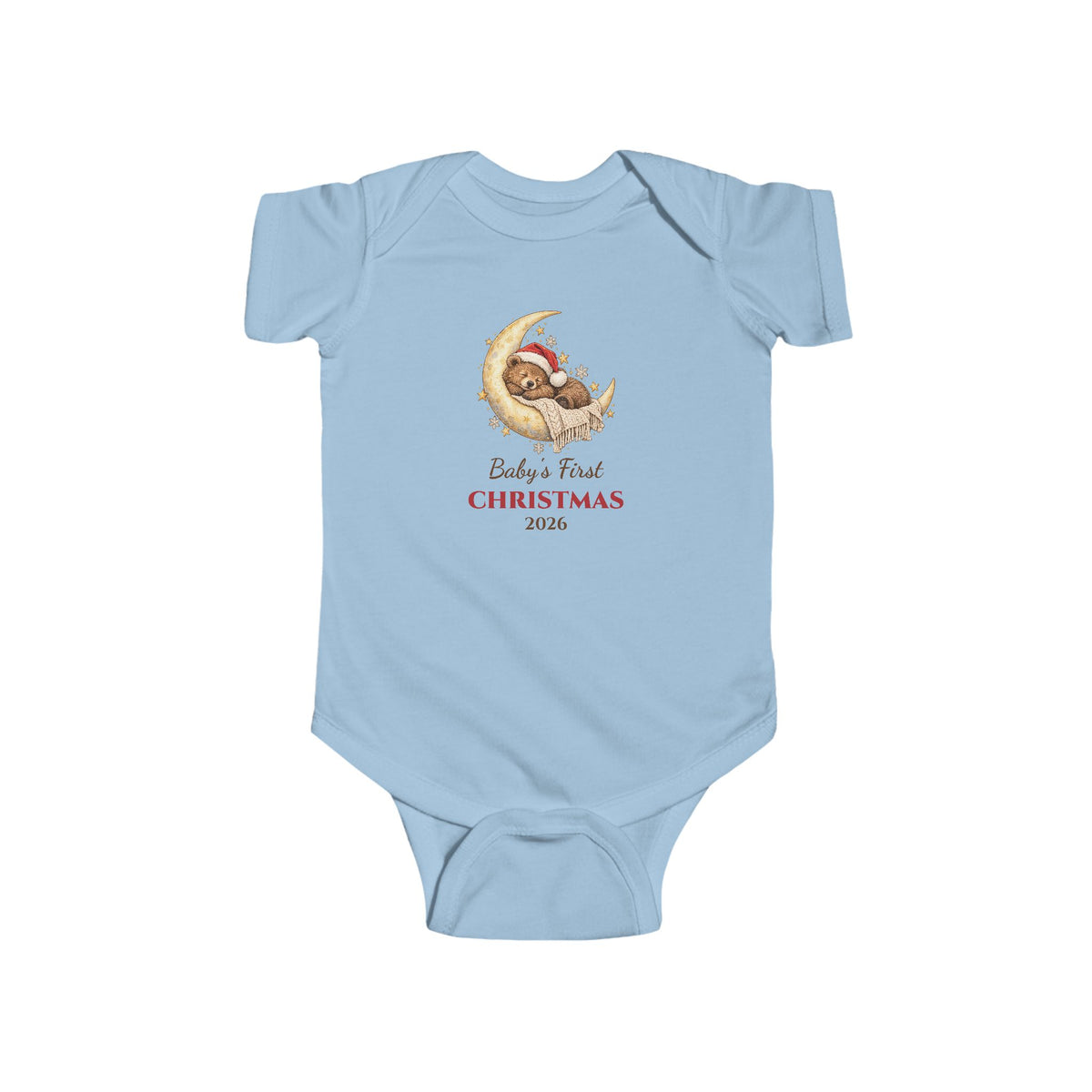 Light Blue Baby's First Christmas 2026 baby bodysuit with a sleeping bear on a moon, front view