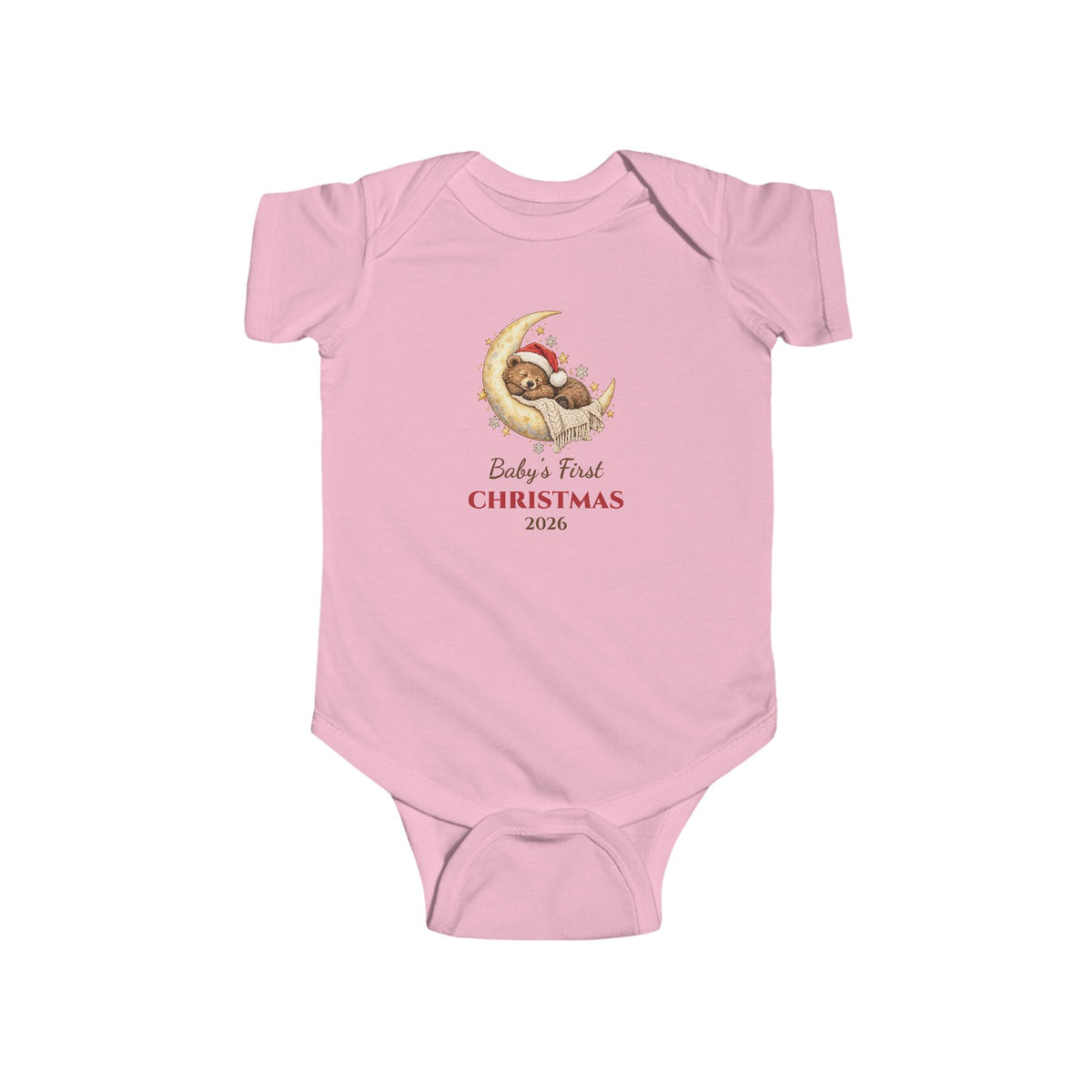 Pink Baby's First Christmas 2026 baby bodysuit with a sleeping bear on a moon, front view