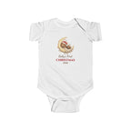 White Baby's First Christmas 2026 baby bodysuit with a sleeping bear on a moon, front view