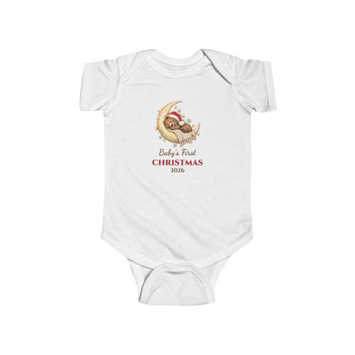 White Baby's First Christmas 2026 baby bodysuit with a sleeping bear on a moon, front view