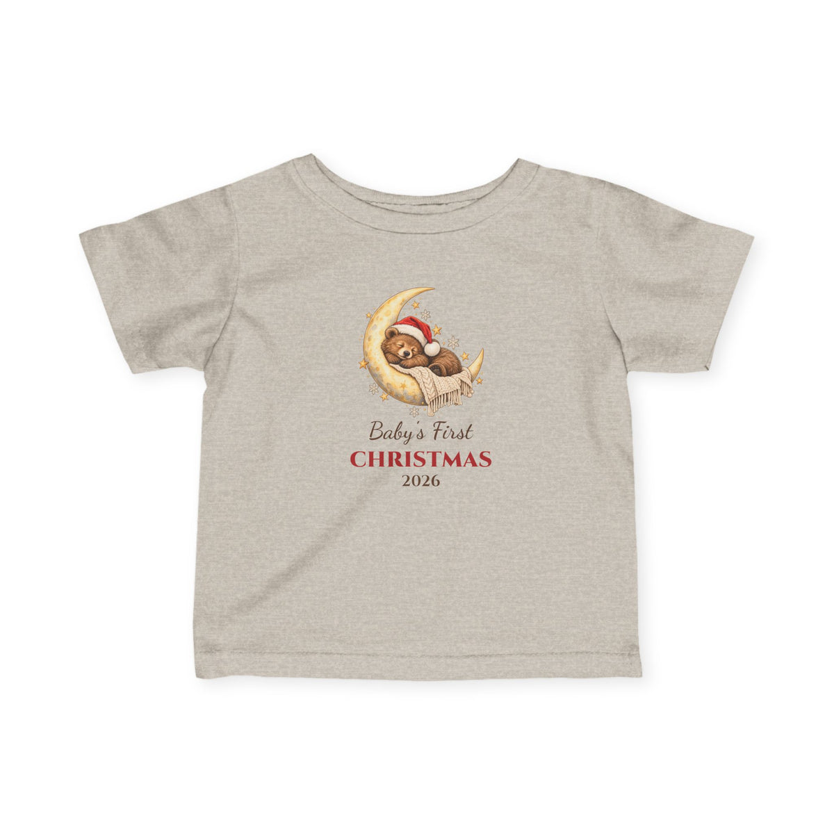 Natural Heather Baby's First Christmas 2026 baby t-shirt with a sleeping bear on a moon, front view
