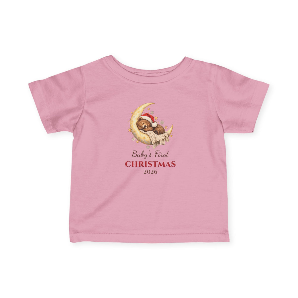 Pink Baby's First Christmas 2026 baby t-shirt with a sleeping bear on a moon, front view