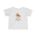 White Baby's First Christmas 2026 baby t-shirt with a sleeping bear on a moon, front view
