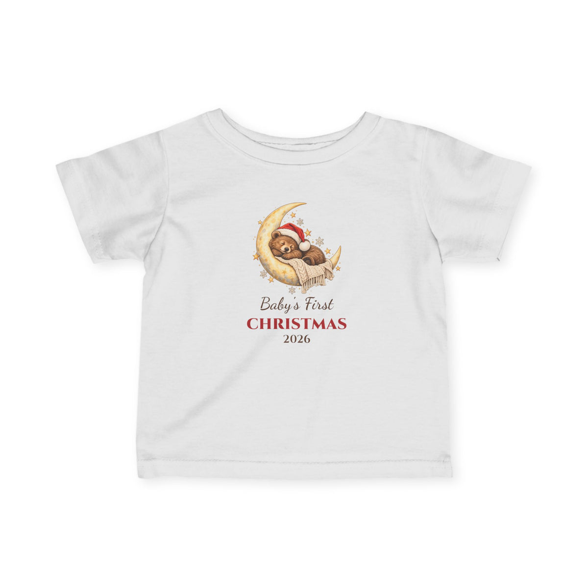 White Baby's First Christmas 2026 baby t-shirt with a sleeping bear on a moon, front view