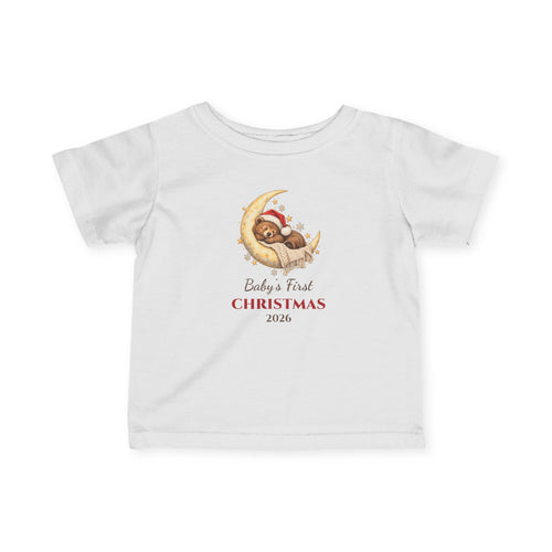 White Baby's First Christmas 2026 baby t-shirt with a sleeping bear on a moon, front view
