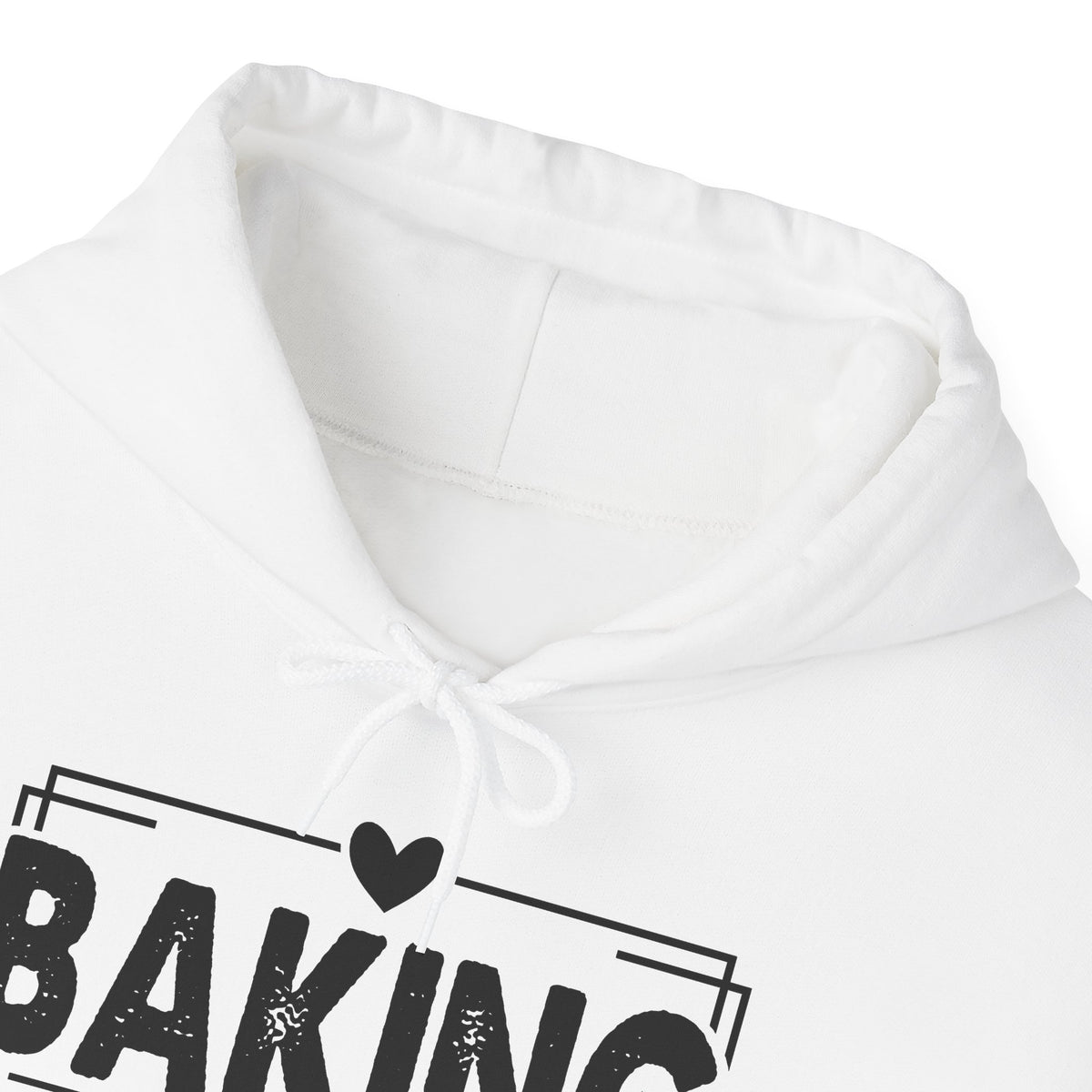 Close-up of the hood and drawcord on the white Baking It's How I Hug hoodie
