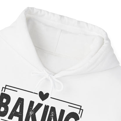 Close-up of the hood and drawcord on the white Baking It's How I Hug hoodie