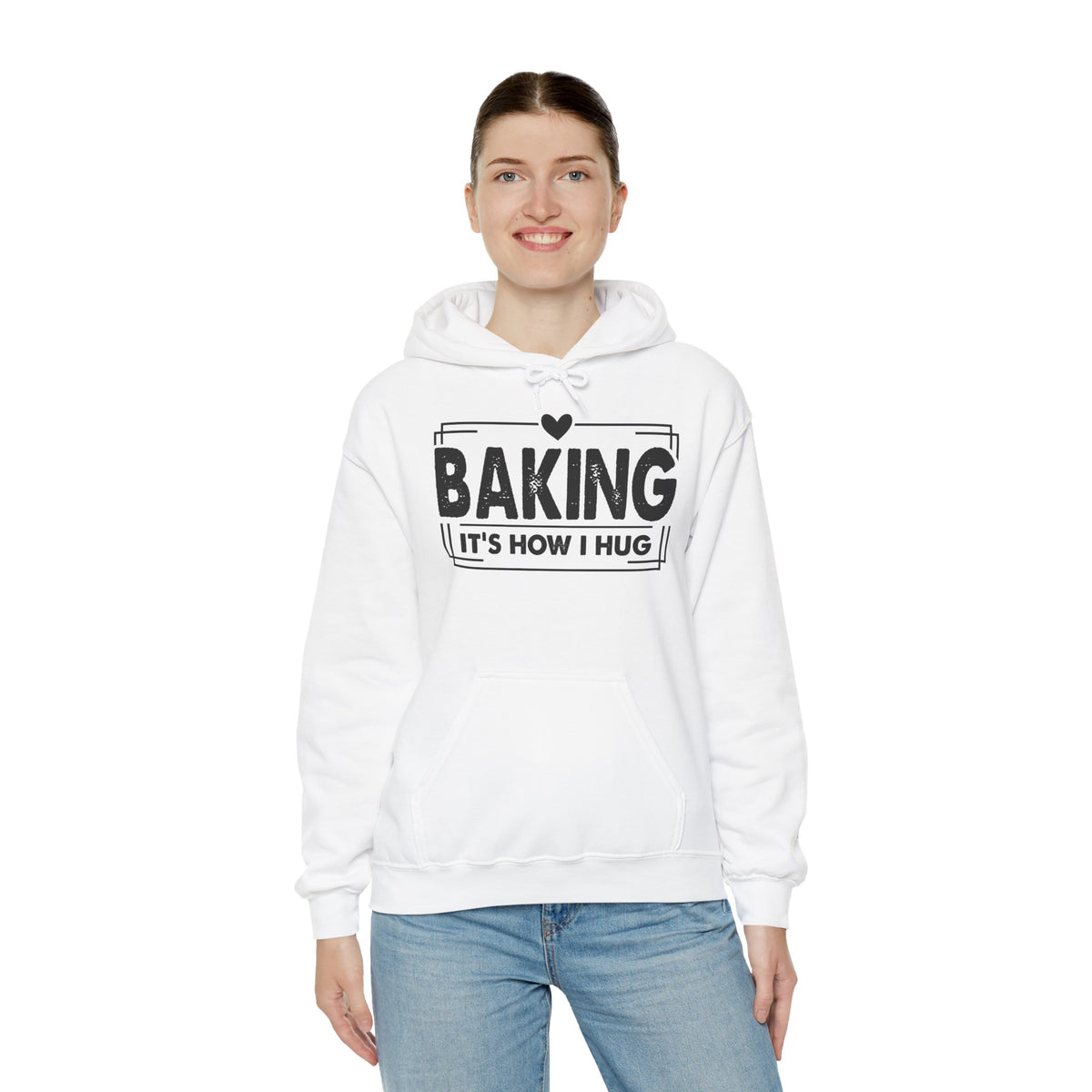 Woman wearing the white Baking It's How I Hug Black Print Hoodie, studio view