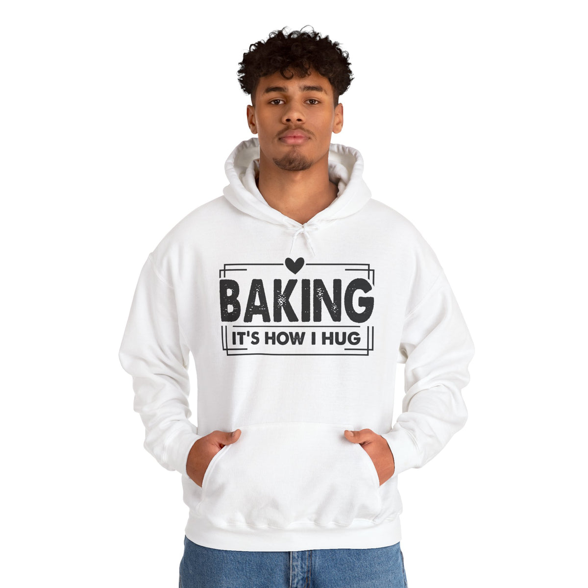 Man wearing the white Baking It's How I Hug Black Print Hoodie