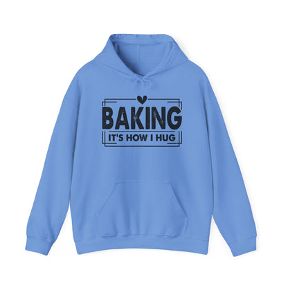 Carolina Blue Baking It's How I Hug hoodie with black framed typography and heart